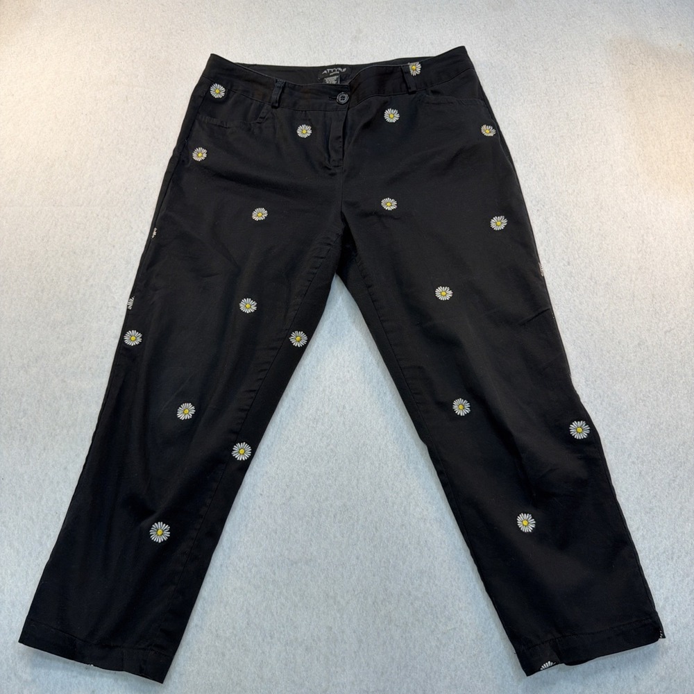 Attyre Petite Black Cotton Pants Daisy Embroidered Stretch Casual Size 8 Petite‎